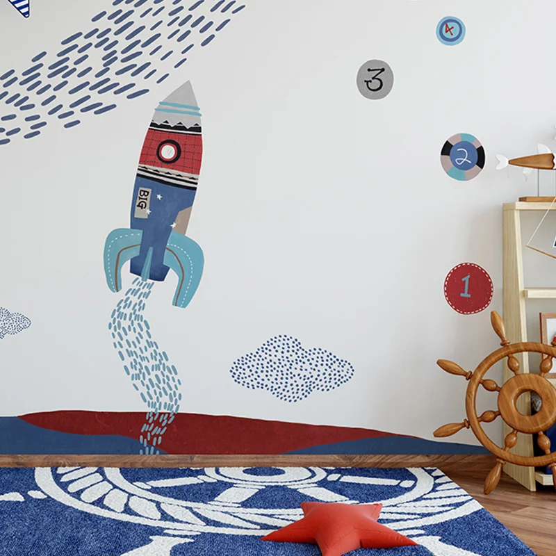Niedliche Cartoon-Raketen-Wandkunst für Kinder, personalisiertes Wandbild Rot und Blau Clearhalo