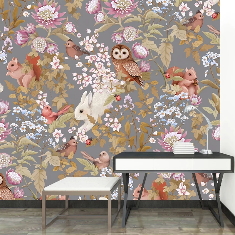 Niedliche Eulen- und Eichhörnchen-Wandtapete für Mädchenzimmer, Pastellrosa, nach Maß gefertigt Clearhalo