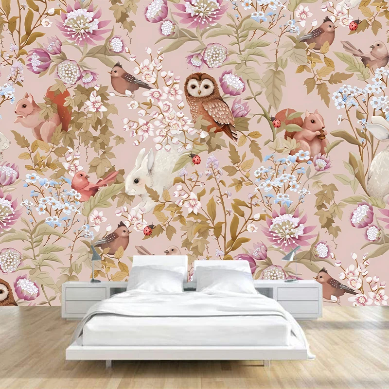 Niedliche Eulen- und Eichhörnchen-Wandtapete für Mädchenzimmer, Pastellrosa, nach Maß gefertigt Clearhalo
