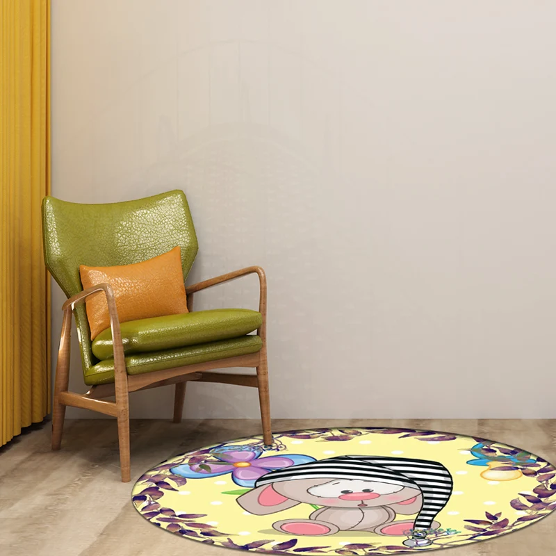 Niedlicher Teppich mit Cartoon-Maus-Muster, Blumen- und Blattmuster, gelber Kinderteppich, waschbarer, rutschfester Polyes...