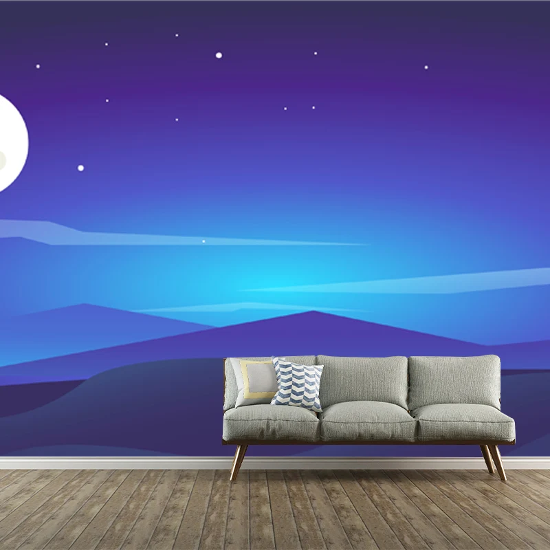 Nordic Night Scenery Murals Tapete Blauer Mond und Polarlicht Wandverkleidung für Akzentwand Clearhalo