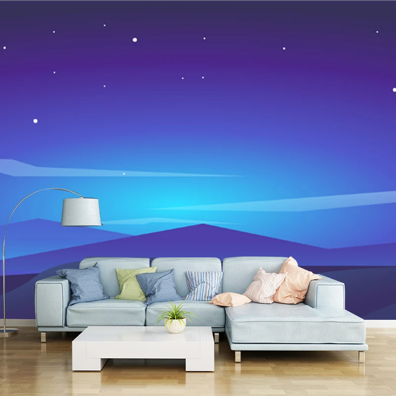 Nordic Night Scenery Murals Tapete Blauer Mond und Polarlicht Wandverkleidung für Akzentwand Clearhalo