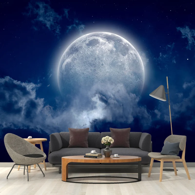 Nordisches Mond- und Wolken-Wandbild für Schlafzimmerdekoration, Wandverkleidung individueller Größe Blau Clearhalo