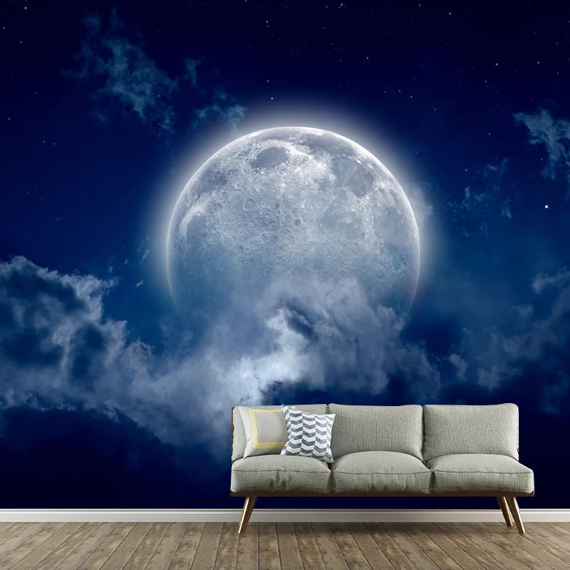 Nordisches Mond- und Wolken-Wandbild für Schlafzimmerdekoration, Wandverkleidung individueller Größe Blau Clearhalo