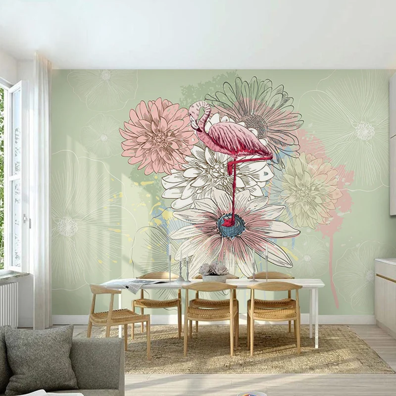 Nostalgische Chrysanthemen-Wandkunst für Akzentwände, Grün und Rosa, individuelle Größe erhältlich Clearhalo