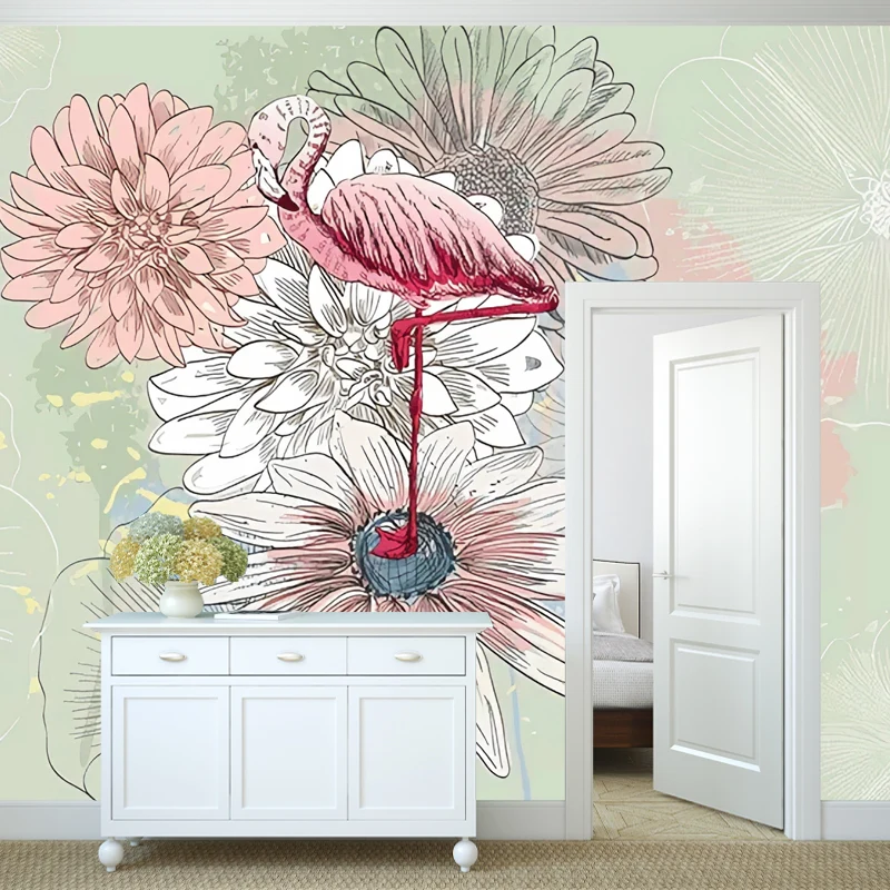 Nostalgische Chrysanthemen-Wandkunst für Akzentwände, Grün und Rosa, individuelle Größe erhältlich Clearhalo
