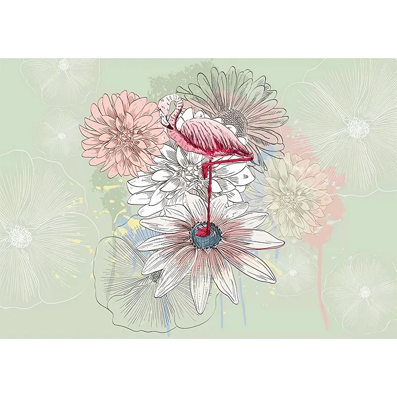 Nostalgische Chrysanthemen-Wandkunst für Akzentwände, Grün und Rosa, individuelle Größe erhältlich Clearhalo