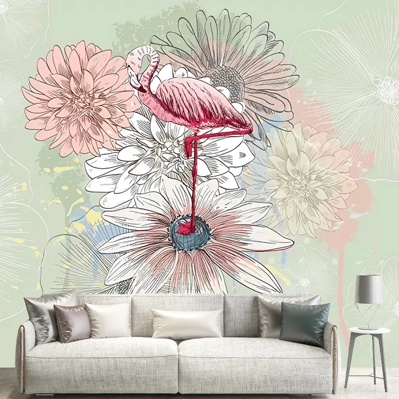 Nostalgische Chrysanthemen-Wandkunst für Akzentwände, Grün und Rosa, individuelle Größe erhältlich Clearhalo