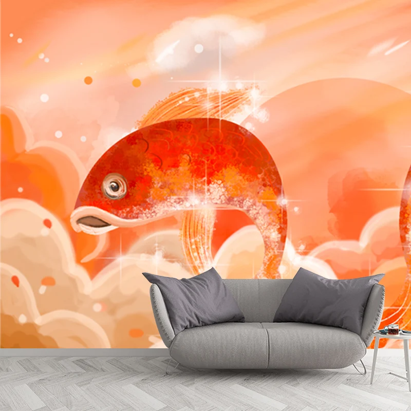 Orange Karpfen-Sprung-Wandbild, feuchtigkeitsbeständige chinesische Wohnzimmer-Wandverkleidung Clearhalo