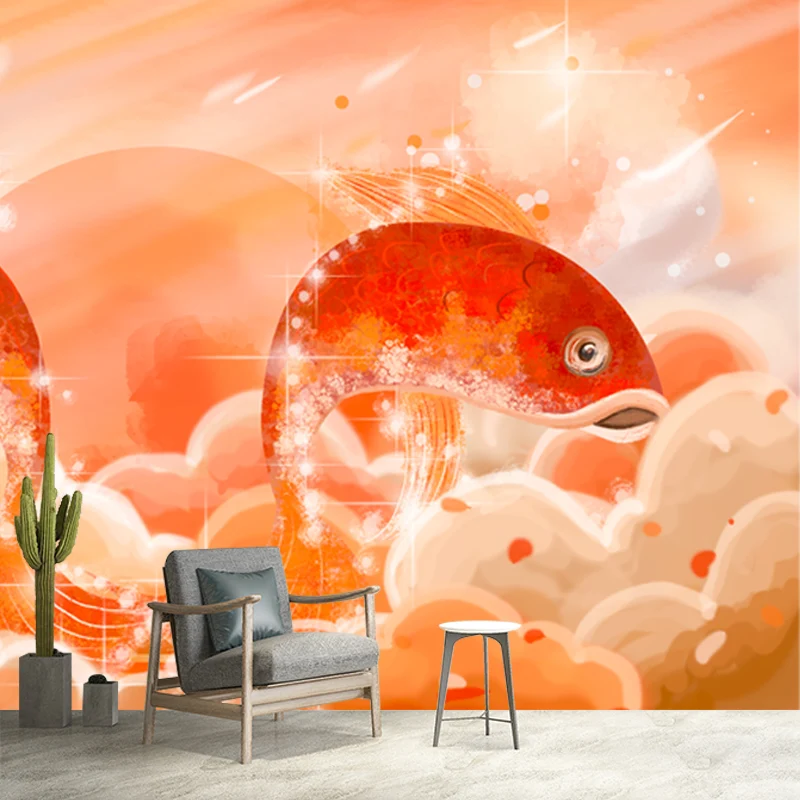 Orange Karpfen-Sprung-Wandbild, feuchtigkeitsbeständige chinesische Wohnzimmer-Wandverkleidung Clearhalo