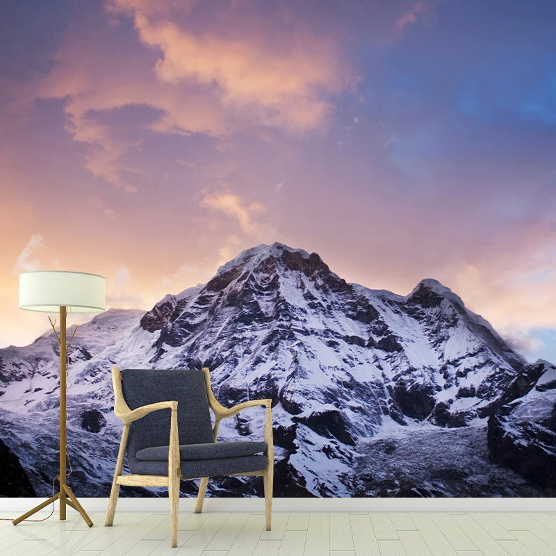 Orange-blaue Tapete mit Sonnenuntergang, Schneeberg, moderne, waschbare Wandverkleidung für Zuhause Clearhalo