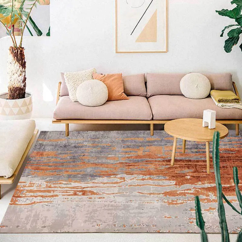 Orangefarbener Schlafzimmerteppich, moderner Teppich mit abstraktem Muster, schmutzabweisender, waschbarer Teppich aus Pol...
