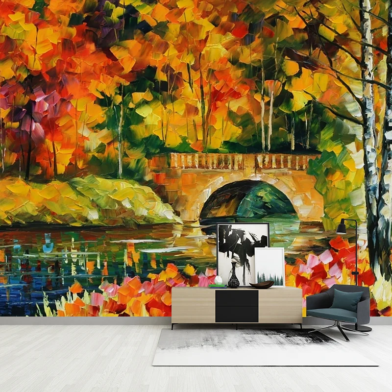 Orange-gelbe Fall Bridge Murals, feuchtigkeitsbeständige Wandverkleidung für Schlafzimmer im Landhausstil, Größe optional...