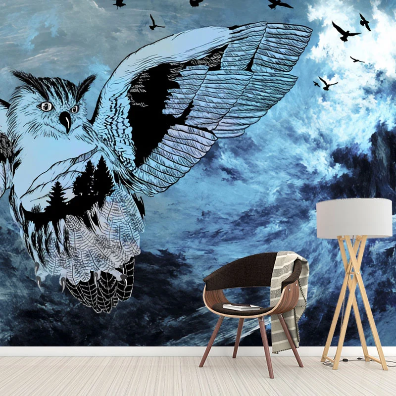 Originale Eulen-Wandmalerei blauer Gästezimmer-Wandverkleidung, individuelle Größe erhältlich Clearhalo