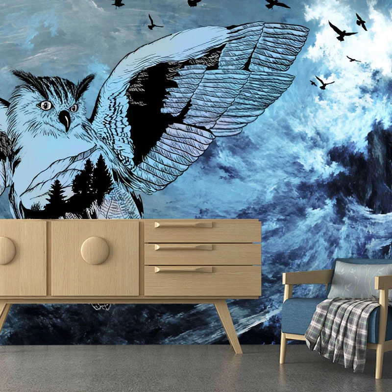 Originale Eulen-Wandmalerei blauer Gästezimmer-Wandverkleidung, individuelle Größe erhältlich Clearhalo