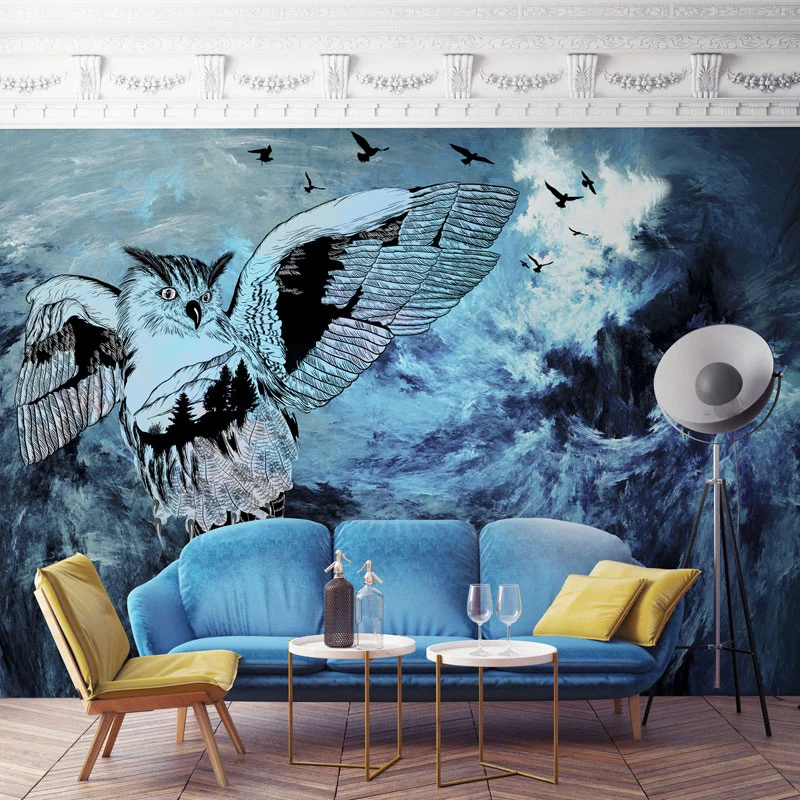 Originale Eulen-Wandmalerei blauer Gästezimmer-Wandverkleidung, individuelle Größe erhältlich Clearhalo