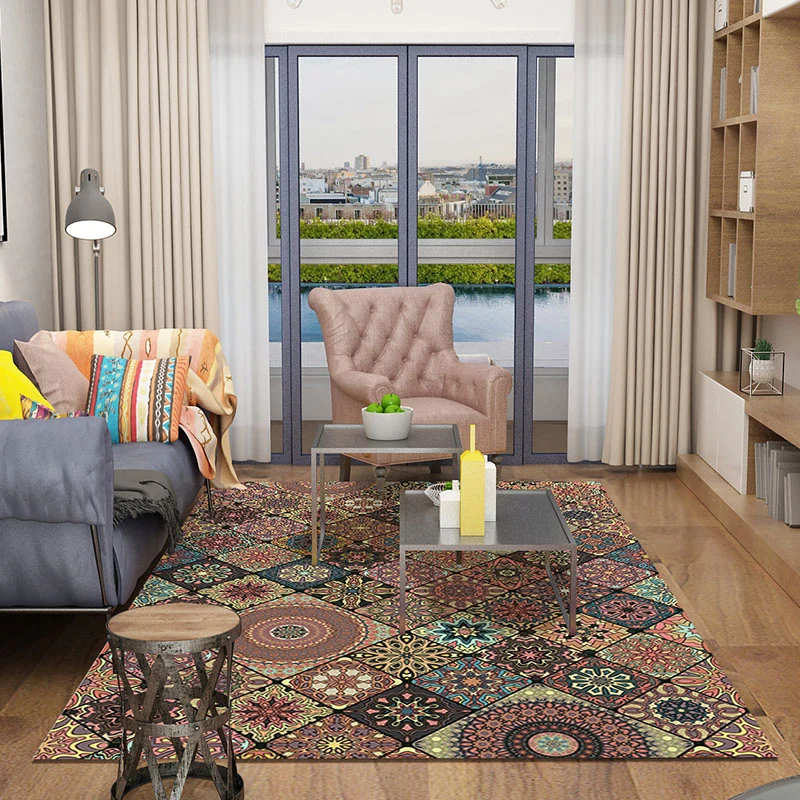 Persischer marokkanischer Teppich braunem, floralem Kreis-Quadrat-Druck, rutschfester Polyester-Teppich für das Wohnzimmer...
