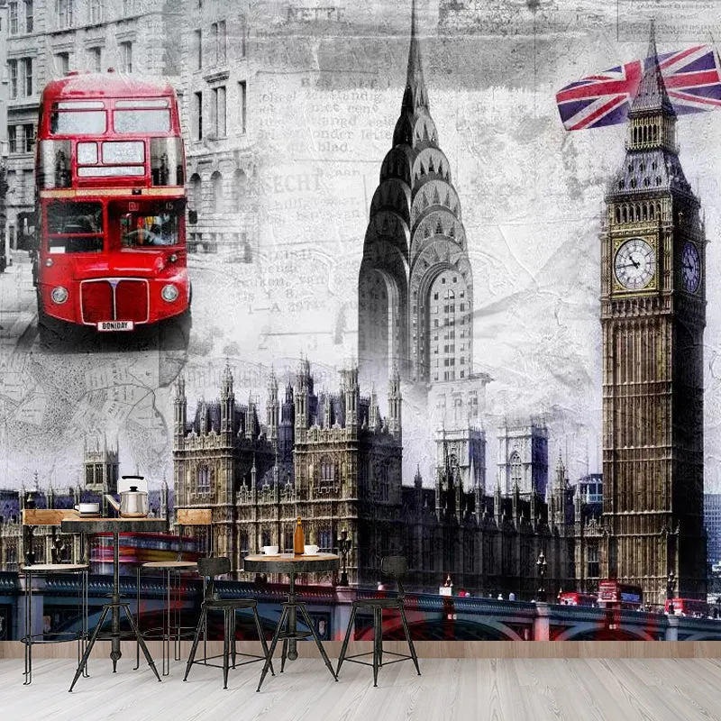 Retro Big Ben Wandverkleidung Rot und Braun Coffee Shop Dekorativer Wandaufkleber, individuelle Größe erhältlich Clearhalo