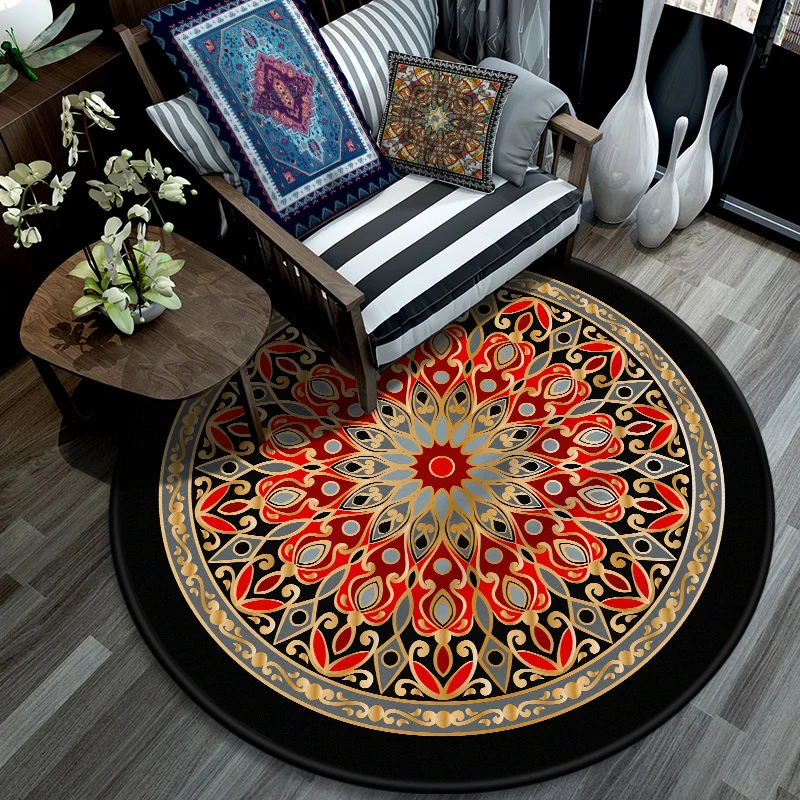 Retro-Mandala-Innenteppich, dunkle Farbe, marokkanischer Teppich, Polypropylen, rutschfest, haustierfreundlich, waschbarer...