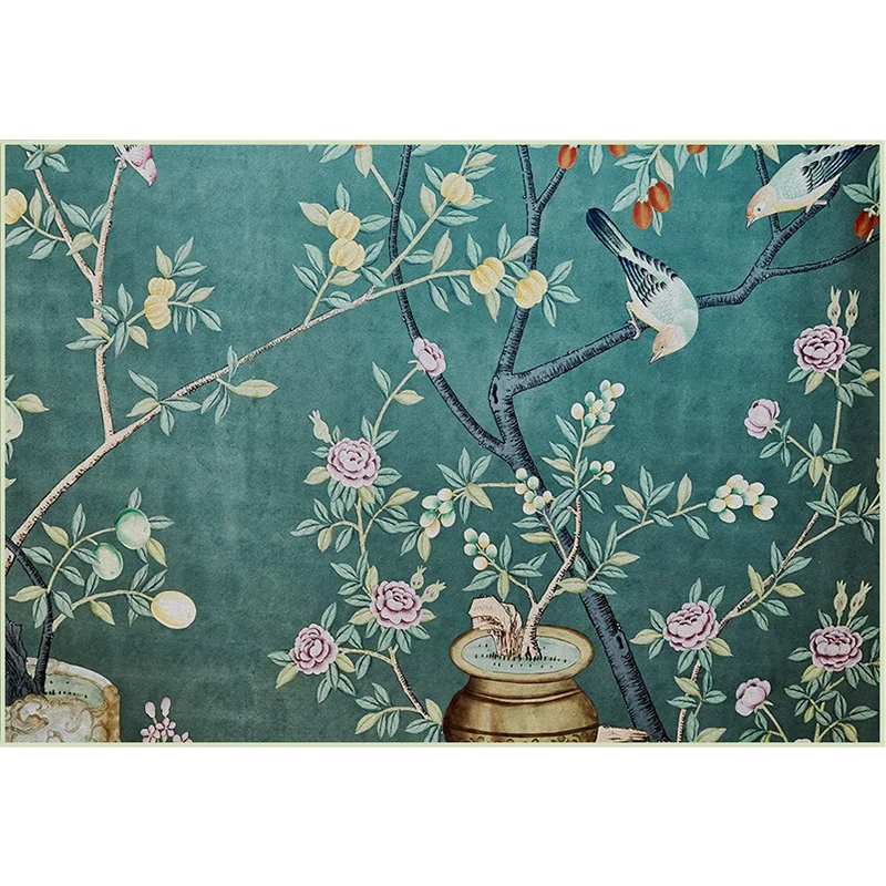 Retro-Teppich mit Blattmuster, Blumen- und Vogelgrün, orientalischer Teppich, waschbarer Polyester-Teppich mit rutschfeste...