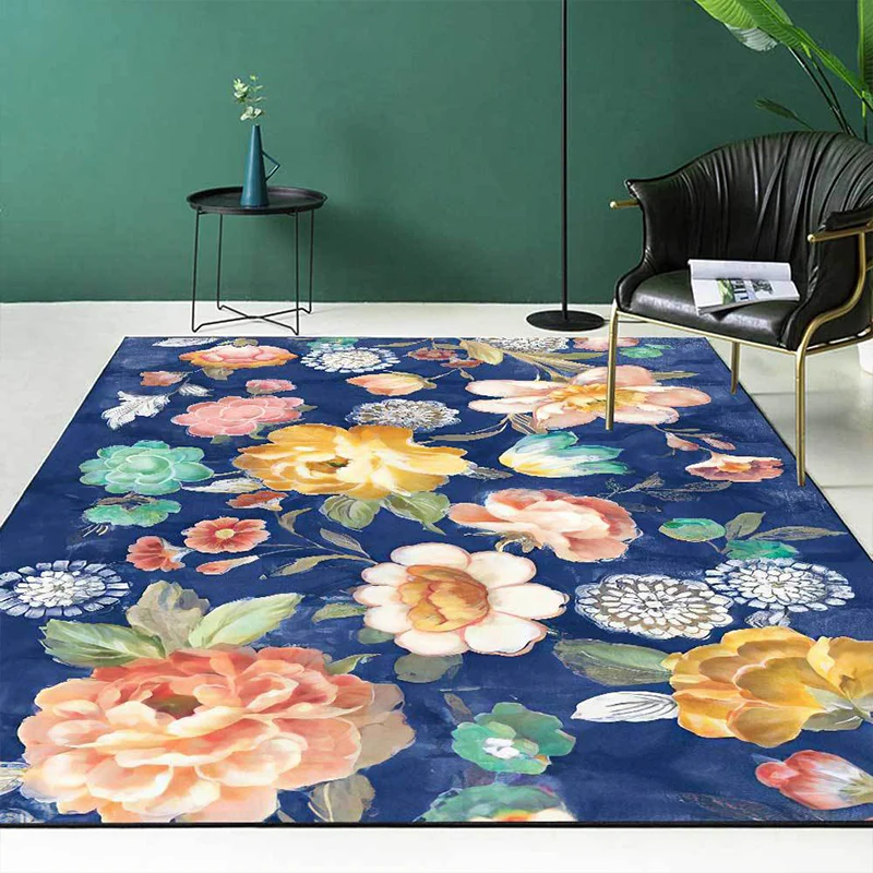 Retro-Teppich mit Blumenmuster, blau, mehrfarbig, französischer Landhausteppich, Polyester, waschbar, rutschfeste Rückseit...