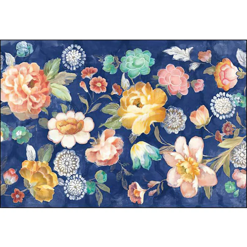 Retro-Teppich mit Blumenmuster, blau, mehrfarbig, französischer Landhausteppich, Polyester, waschbar, rutschfeste Rückseit...