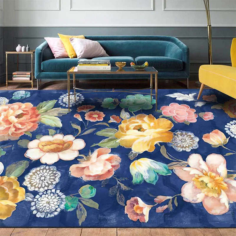 Retro-Teppich mit Blumenmuster, blau, mehrfarbig, französischer Landhausteppich, Polyester, waschbar, rutschfeste Rückseit...