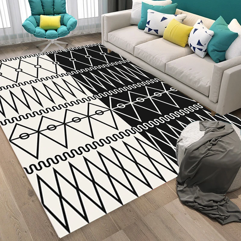 Retro-Teppich mit geometrischem Muster, Schwarz-Weiß-Southwestern-Teppich, Polyester, haustierfreundlich, rutschfeste Rück...