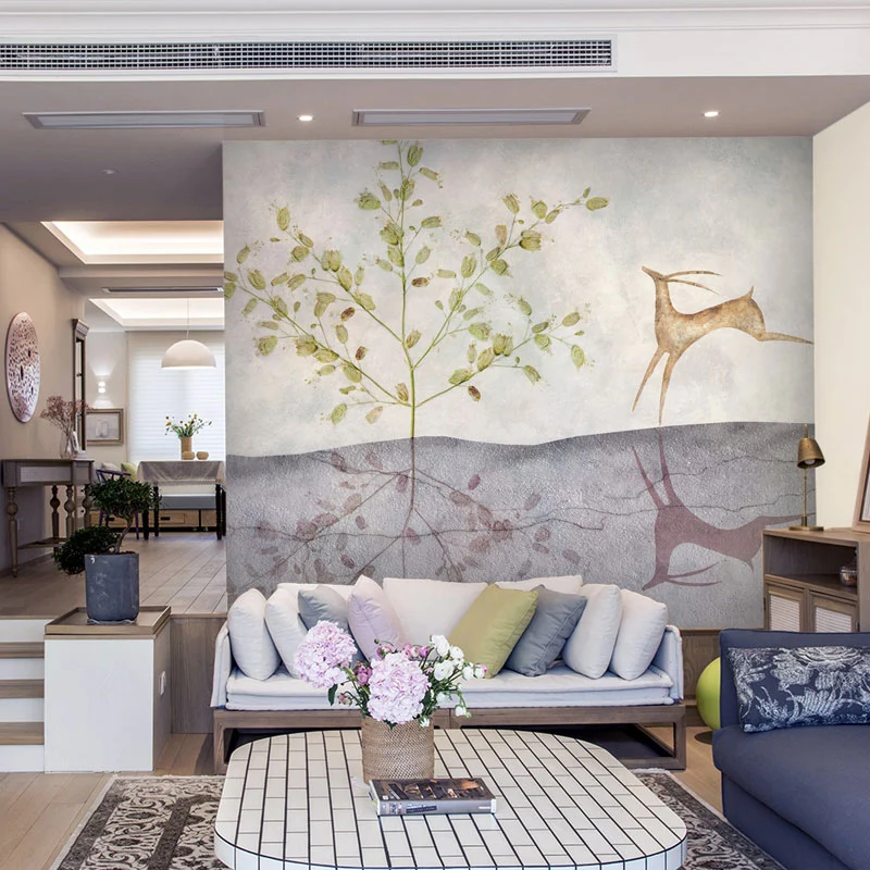 Riesige Hirsch-Elch-Wandkunst für Gästezimmer, Baum-Wandbild Grün und Braun, wasserbeständig Clearhalo