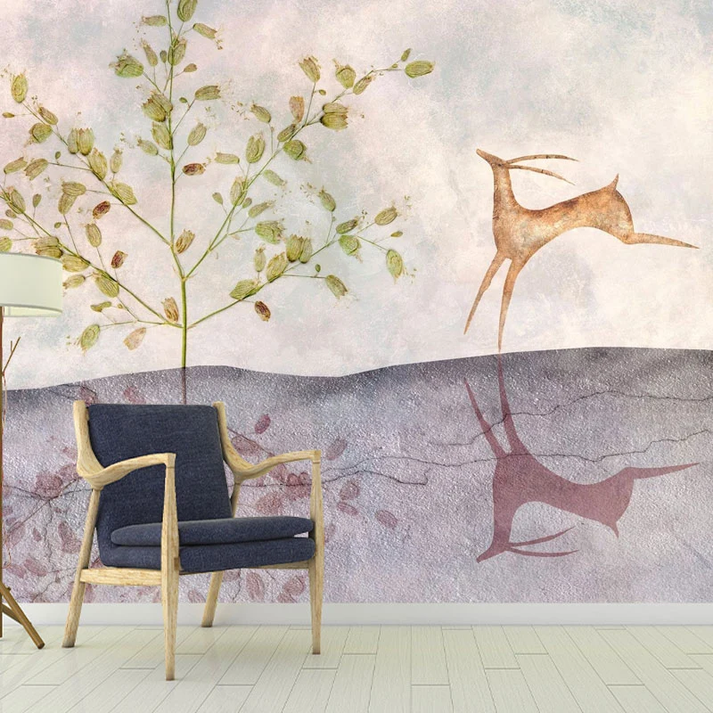 Riesige Hirsch-Elch-Wandkunst für Gästezimmer, Baum-Wandbild Grün und Braun, wasserbeständig Clearhalo