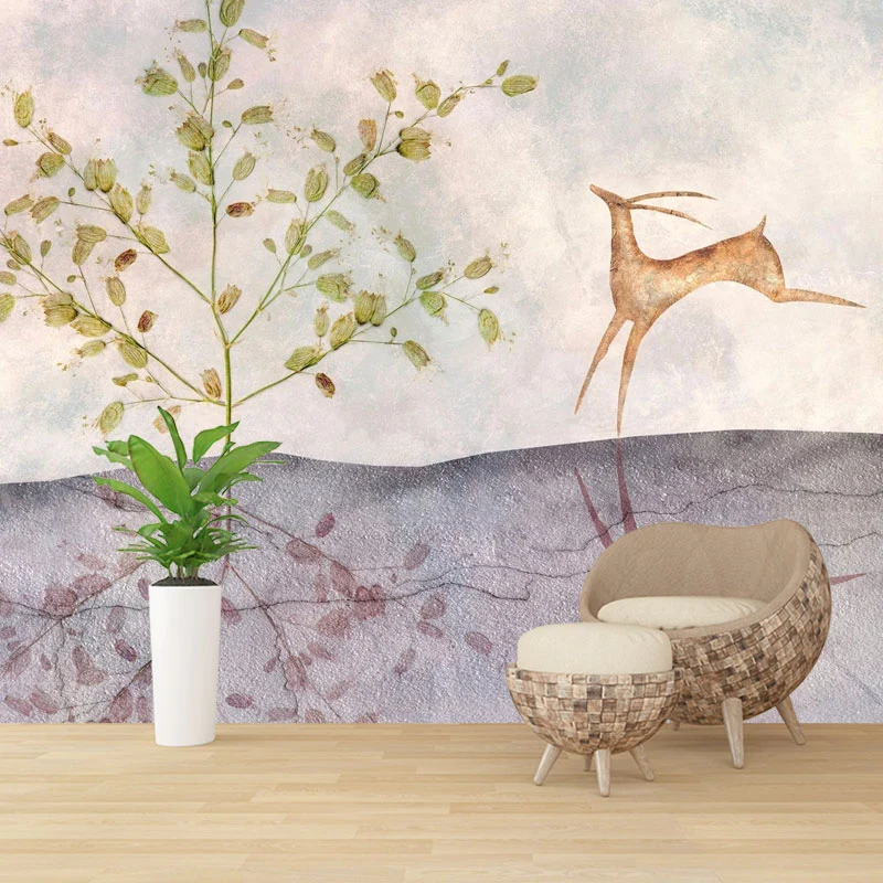 Riesige Hirsch-Elch-Wandkunst für Gästezimmer, Baum-Wandbild Grün und Braun, wasserbeständig Clearhalo