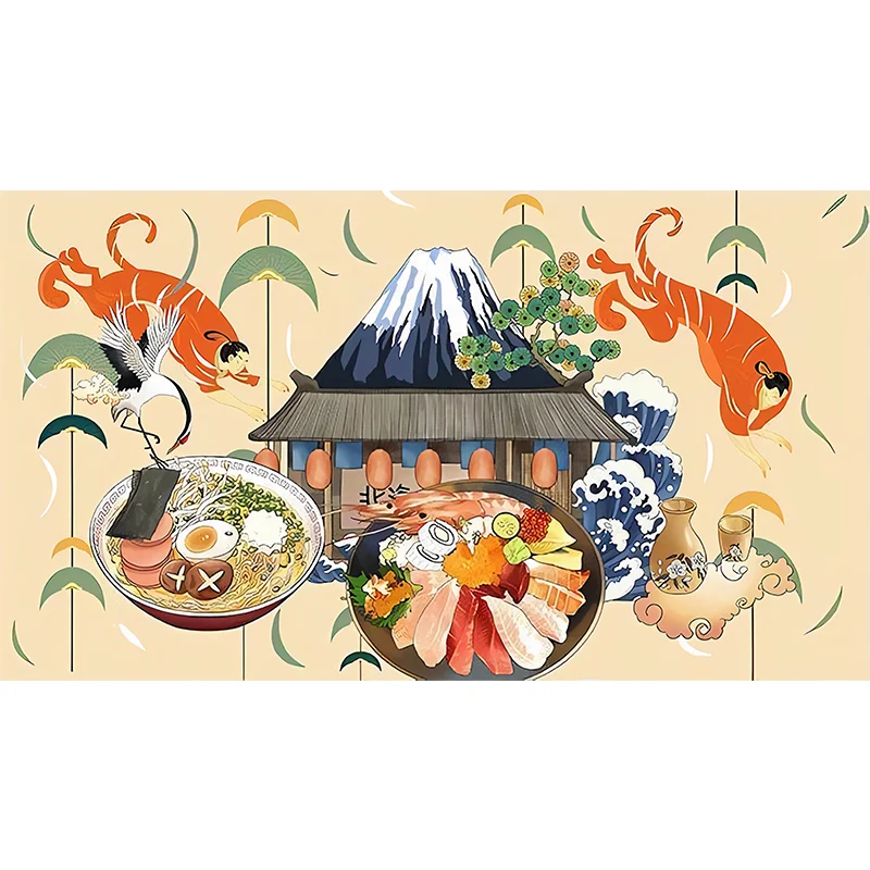 Riesige Illustrations-Sushi-Wandkunst für japanisches Restaurant Beige, nach Maß gefertigt Clearhalo