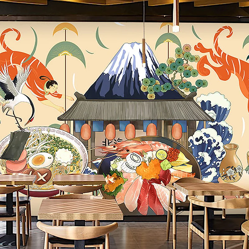 Riesige Illustrations-Sushi-Wandkunst für japanisches Restaurant Beige, nach Maß gefertigt Clearhalo
