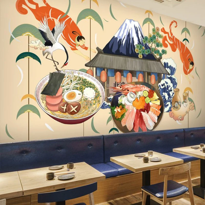 Riesige Illustrations-Sushi-Wandkunst für japanisches Restaurant Beige, nach Maß gefertigt Clearhalo