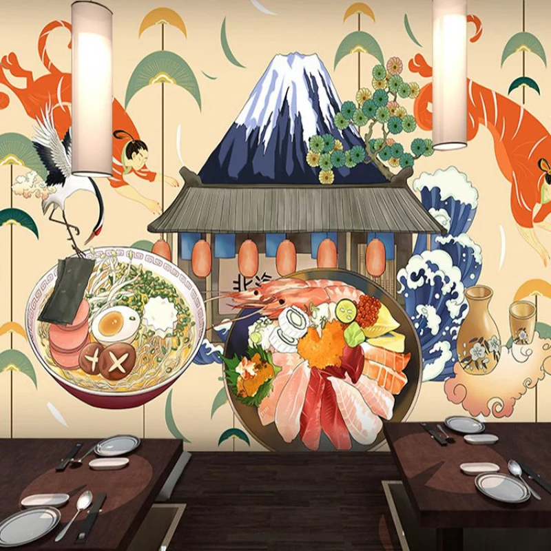Riesige Illustrations-Sushi-Wandkunst für japanisches Restaurant Beige, nach Maß gefertigt Clearhalo