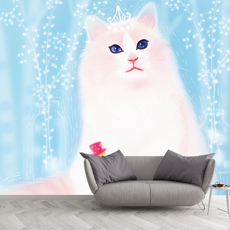 Riesige Katzen-Wandtapete Weiß auf blauem Vlies-Wanddekor, schmutzabweisend, individuelle Größe Clearhalo