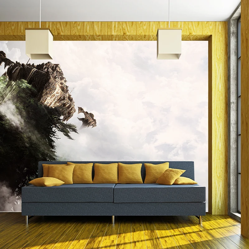 Riesiges braunes Vlieswandbild „Modernes wolkiges Wunderland mit kippendem Schloss“, maßgeschneidert Clearhalo