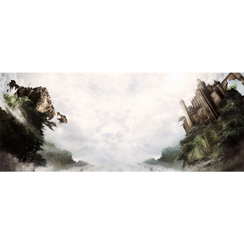 Riesiges braunes Vlieswandbild „Modernes wolkiges Wunderland mit kippendem Schloss“, maßgeschneidert Clearhalo