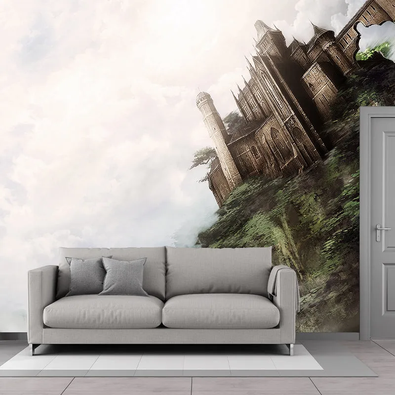 Riesiges braunes Vlieswandbild „Modernes wolkiges Wunderland mit kippendem Schloss“, maßgeschneidert Clearhalo
