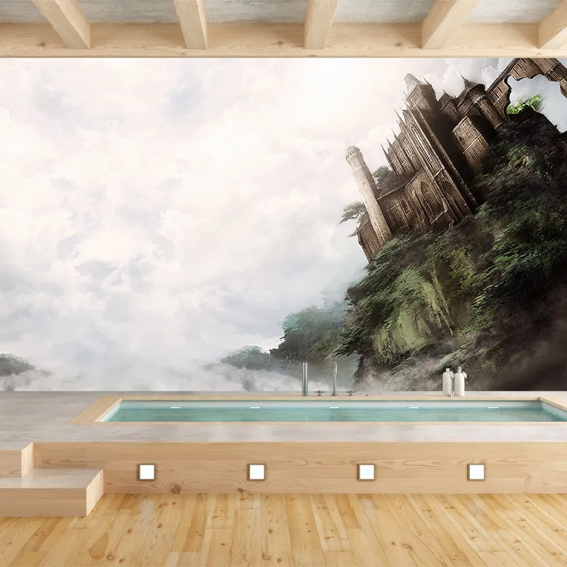 Riesiges braunes Vlieswandbild „Modernes wolkiges Wunderland mit kippendem Schloss“, maßgeschneidert Clearhalo