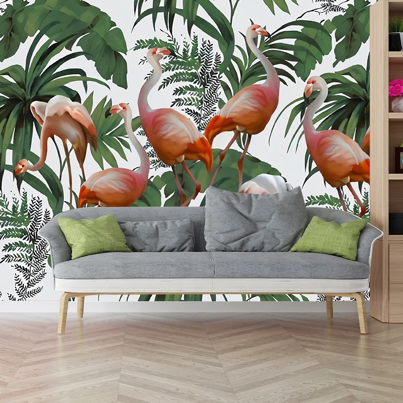 Riesiges Flamingo-Wandbild für Esszimmerblätter-Wanddekoration Grün, schmutzabweisend Clearhalo