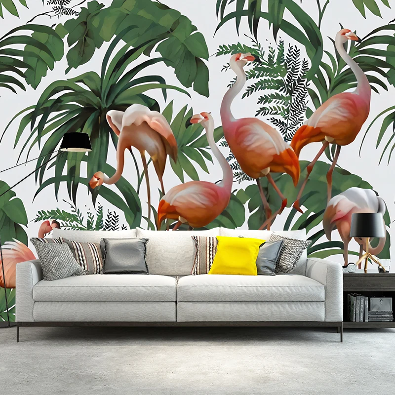 Riesiges Flamingo-Wandbild für Esszimmerblätter-Wanddekoration Grün, schmutzabweisend Clearhalo