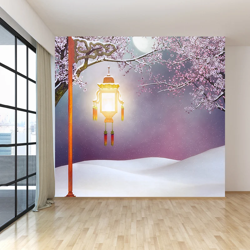 Riesiges Schneefeld- und Straßenlaternen-Wandbild für Badezimmer-Winterlandschafts-Wandkunst Rosa, feuchtigkeitsbeständig...