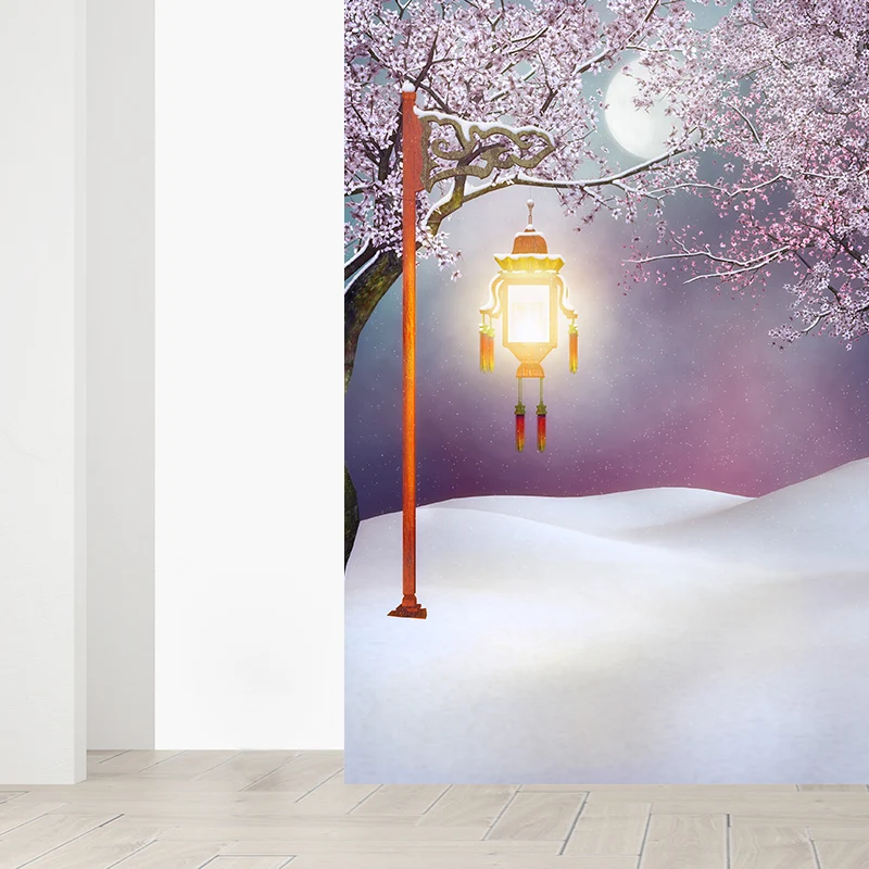 Riesiges Schneefeld- und Straßenlaternen-Wandbild für Badezimmer-Winterlandschafts-Wandkunst Rosa, feuchtigkeitsbeständig...