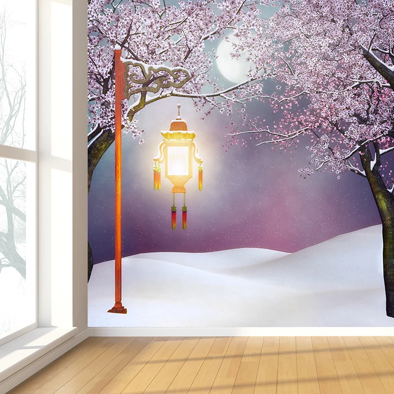 Riesiges Schneefeld- und Straßenlaternen-Wandbild für Badezimmer-Winterlandschafts-Wandkunst Rosa, feuchtigkeitsbeständig...