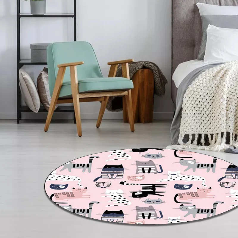 Rosa Kinderzimmerteppich, Kindertier-Katzenmuster, rutschfester, waschbarer Polyester-Teppich Clearhalo
