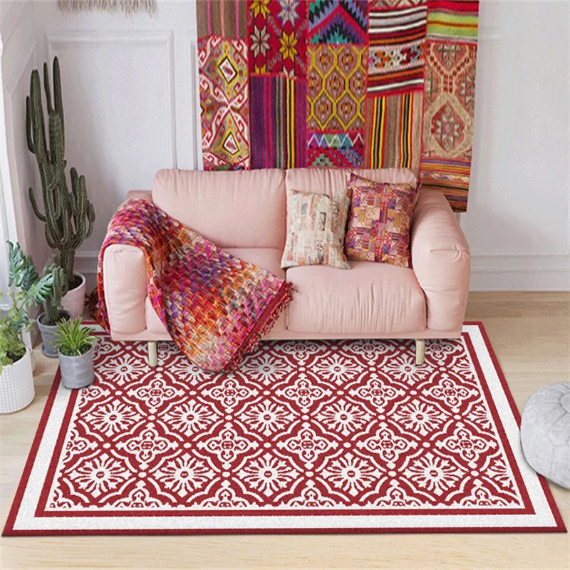Roter Perserteppich aus Polyester mit Blumenmuster, waschbarer, rutschfester Teppich für das Wohnzimmer Clearhalo