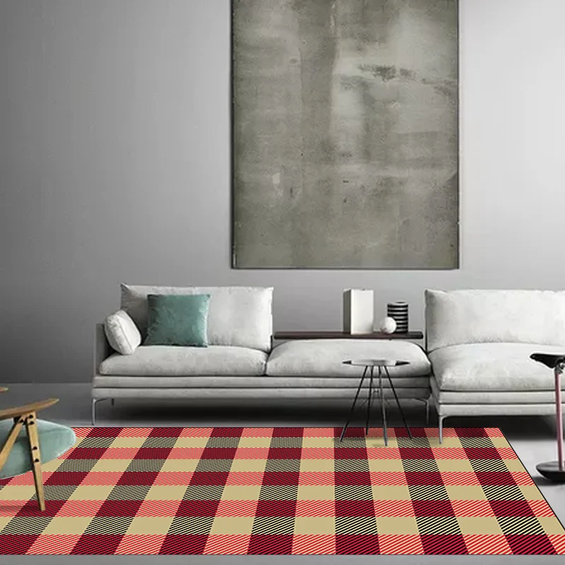 Roter und brauner Schlafzimmerteppich, moderner Teppich mit kariertem Streifenmuster, schmutzabweisender Polyester-Teppich...