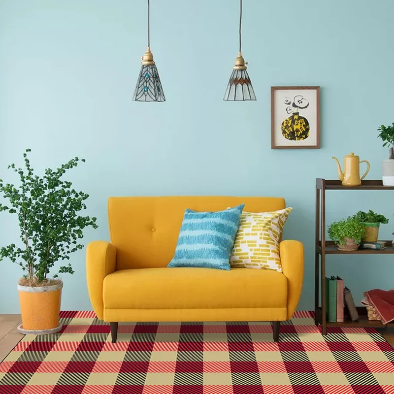 Roter und brauner Schlafzimmerteppich, moderner Teppich mit kariertem Streifenmuster, schmutzabweisender Polyester-Teppich...