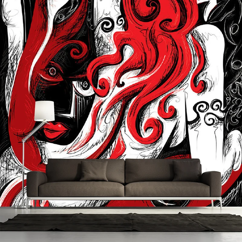 Rot-schwarze Art-Deco-Tapetenwandbilder Originalgröße, menschliche Malerei, Wandverkleidung für Zuhause Clearhalo
